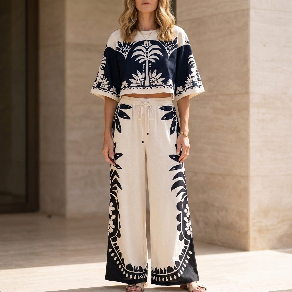 Duttini | Chic Printed Crop Top And Wide-Leg Pants Matching Set