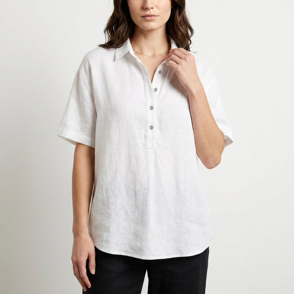 Duttini | Elegant Relaxed Button Front Collared Short Sleeve Blouse