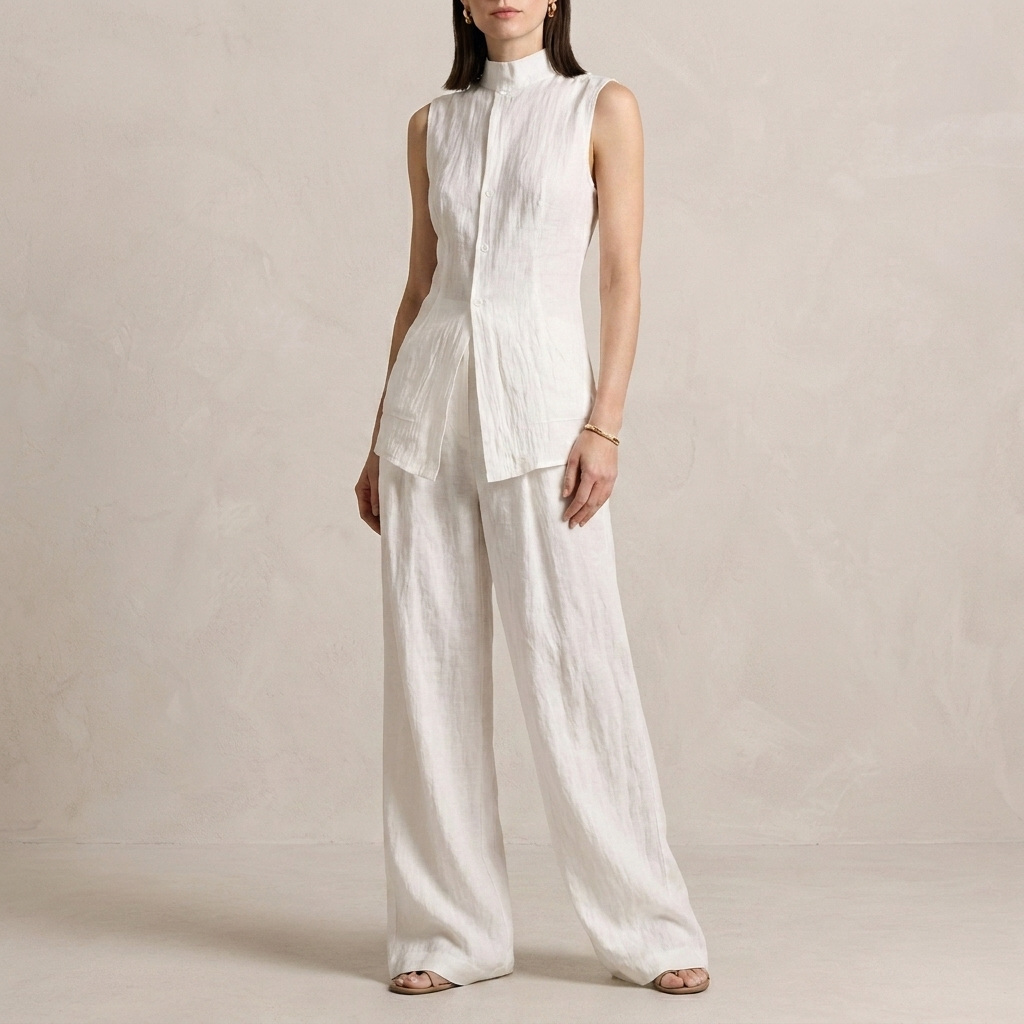 Duttini | Sophisticated Sleeveless High-Neck Two-Piece Set With Flowing Wide-Leg Trousers