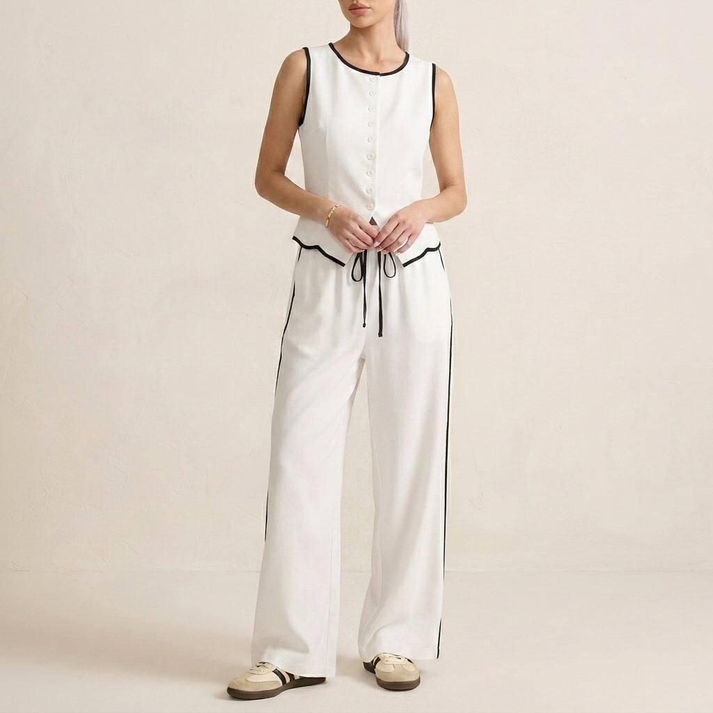 Duttini | Elegant Contrast Trim Two-Piece Set With Relaxed Wide-Leg Pants And Top
