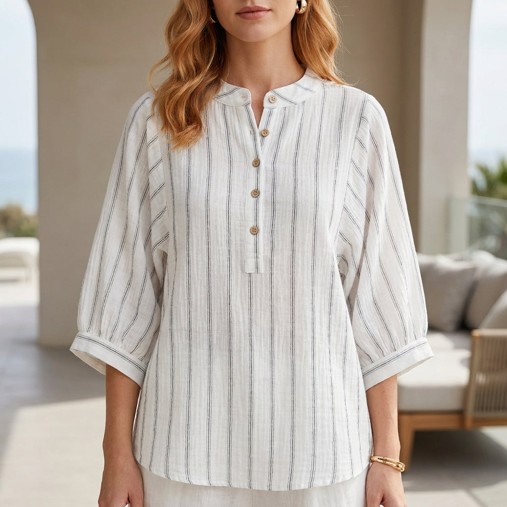 Duttini | Timeless Coastal Stripe Button-Neck Relaxed Sleeve Blouse
