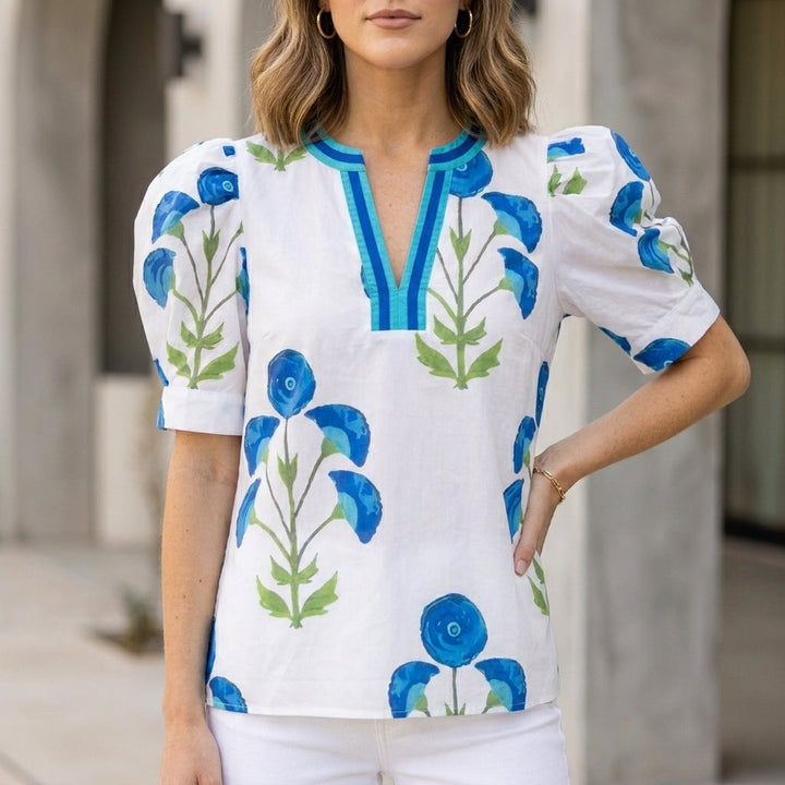 Duttini | Timeless Structured Woven V-Neck Blouse With Botanical Print And Puff Sleeves