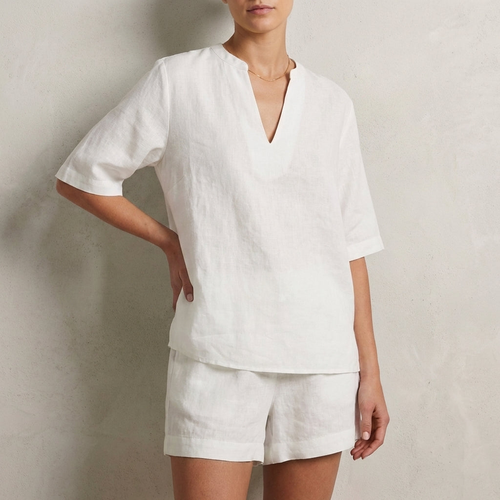 Duttini | Sculpted Relaxed Two-Piece Set With Split V-Neck Top And Wide-Leg Shorts