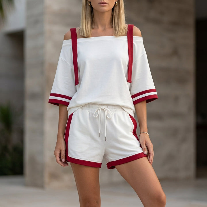 Duttini | Effortless Sporty Contrast Trim Two-Piece Set With Relaxed Off-Shoulder Top
