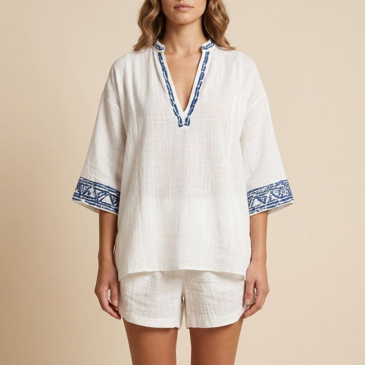 Duttini | Flowing Bohemian Two-Piece V-Neck Tunic And Shorts Set With Geometric Accents