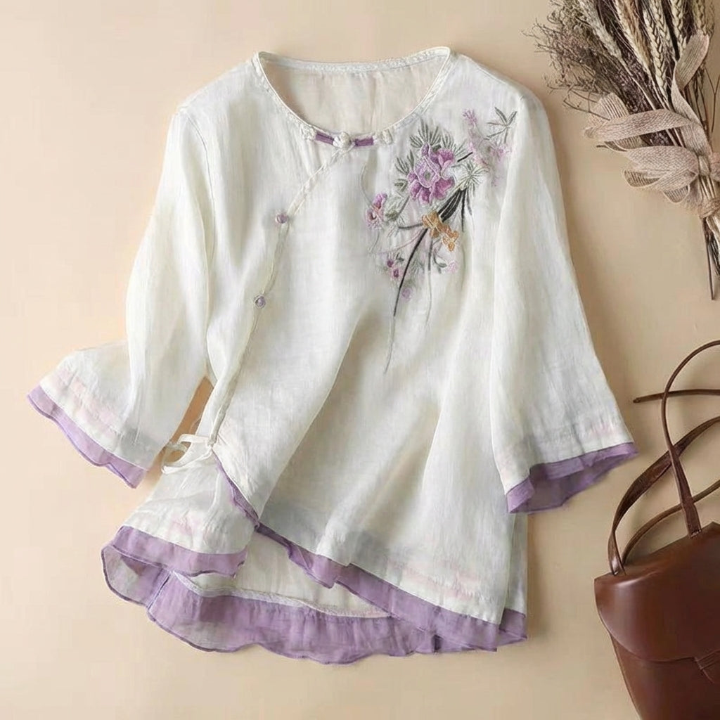 Duttini | Feminine Embroidered Artisan Kimono-Style Linen Blend Blouse