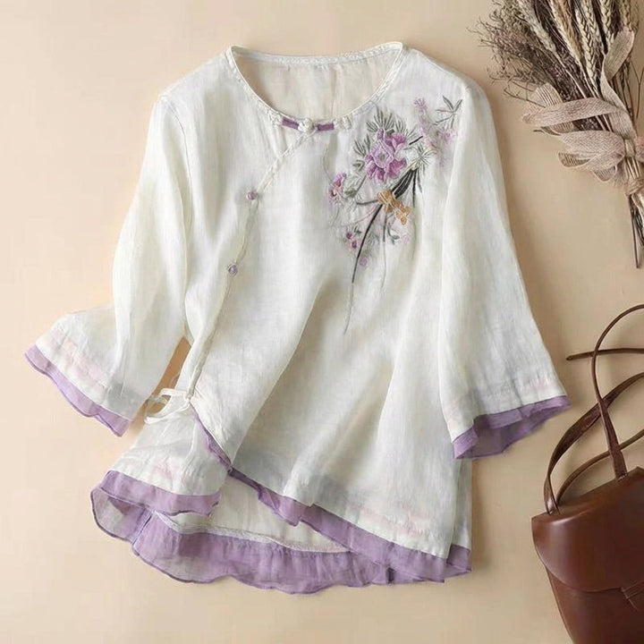 Duttini | Feminine Embroidered Artisan Kimono-Style Linen Blend Blouse