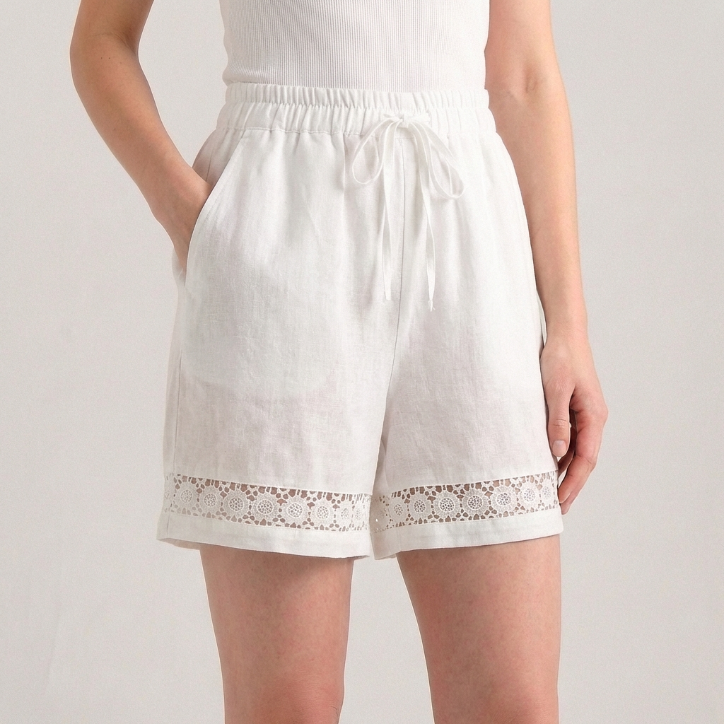 Duttini | Modern Wide-Leg Mini Shorts With Delicate Lace Hem And Drawstring Waist