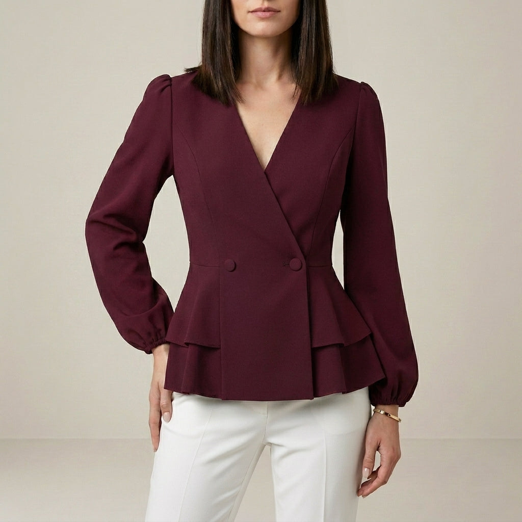 Duttini | Sculpted Tailored Peplum Wrap Blouse With Statement Sleeves