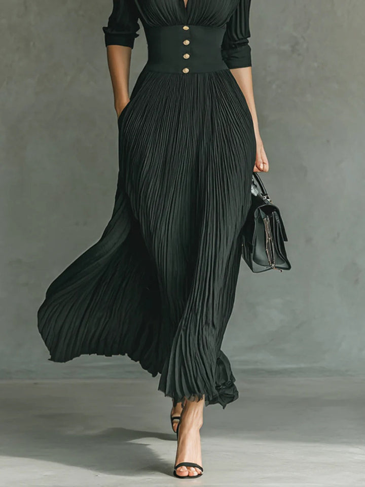 Duttini | Elegant Pleated Lapel Waist Maxi Dress for Effortless Elegance