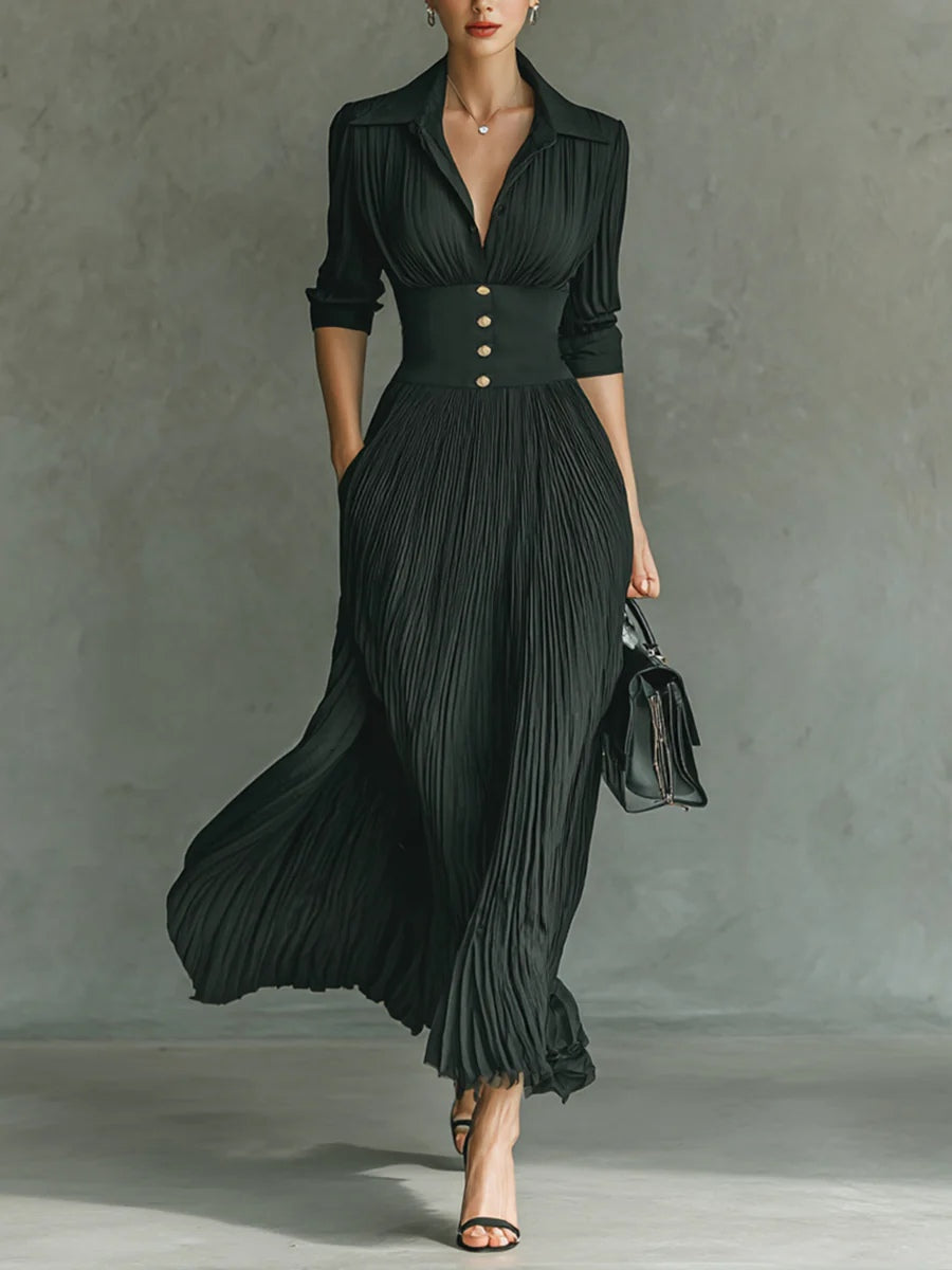 Duttini | Luxe Erica Signature Fitted Waist Maxi Dress With Pleated Skirt And Ruched Bodice