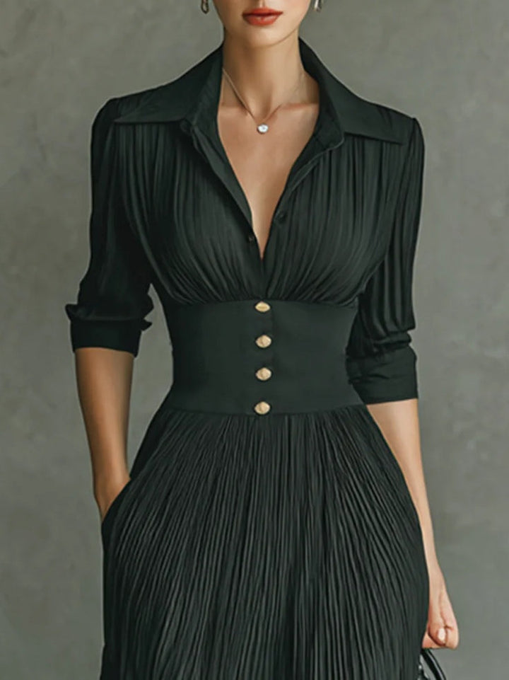 Duttini | Elegant Pleated Lapel Waist Maxi Dress for Effortless Elegance