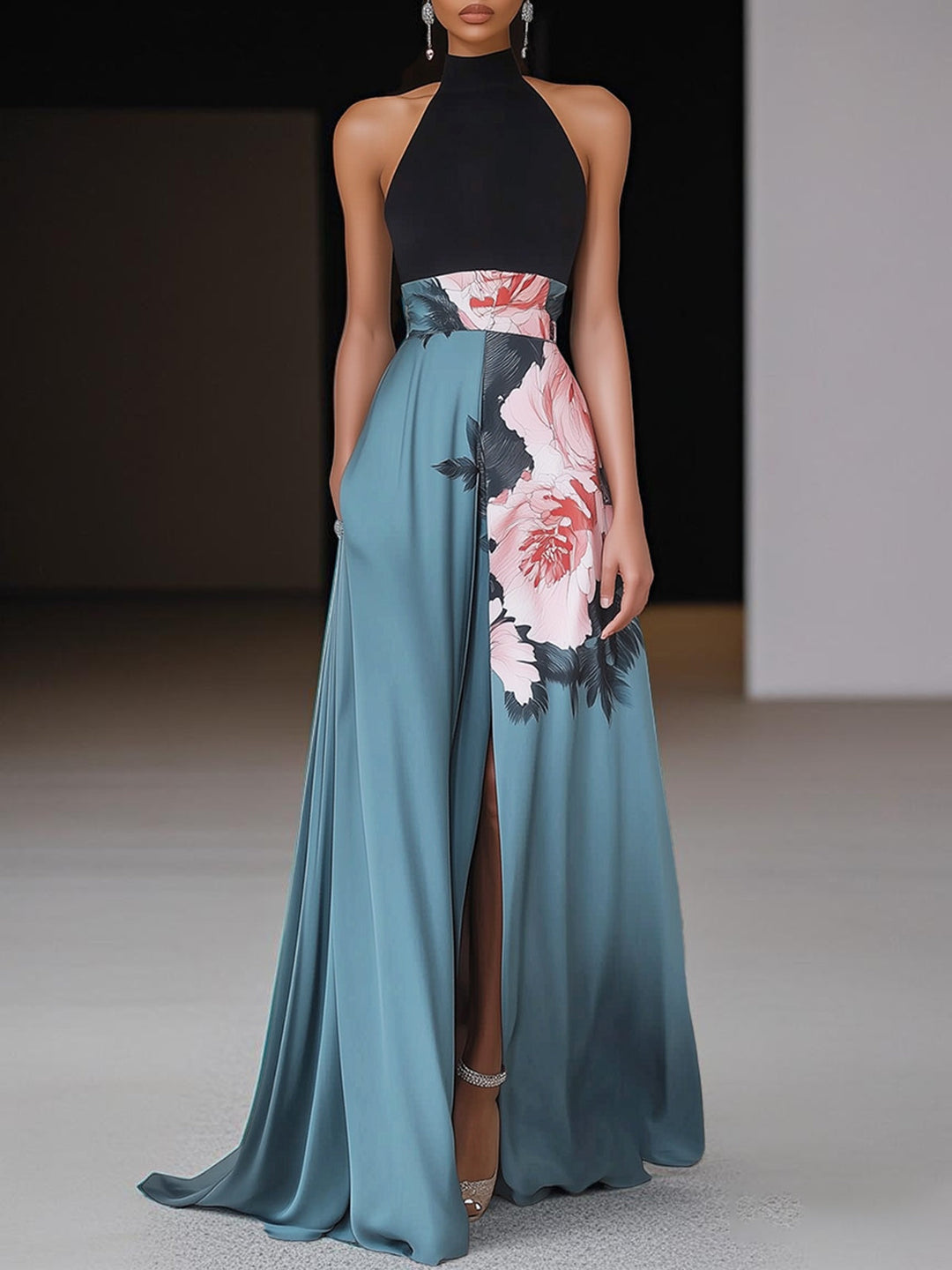 Duttini | Flowing Black Slit Floral Classic Crew Neck Sleeveless A-Line Maxi Dress