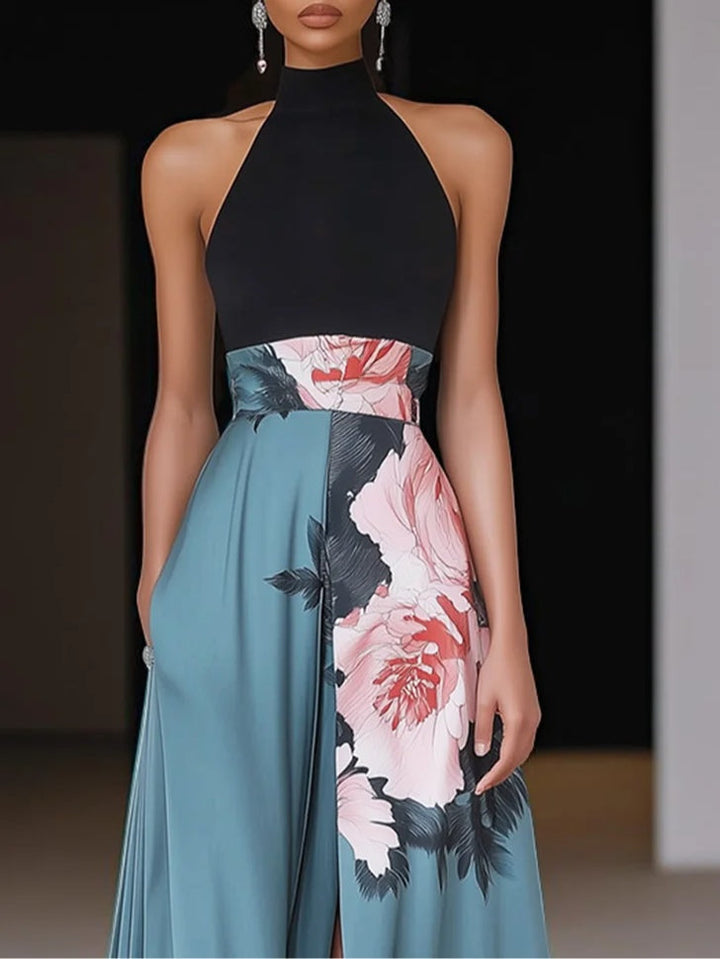 Duttini | Flowing Black Slit Floral Classic Crew Neck Sleeveless A-Line Maxi Dress