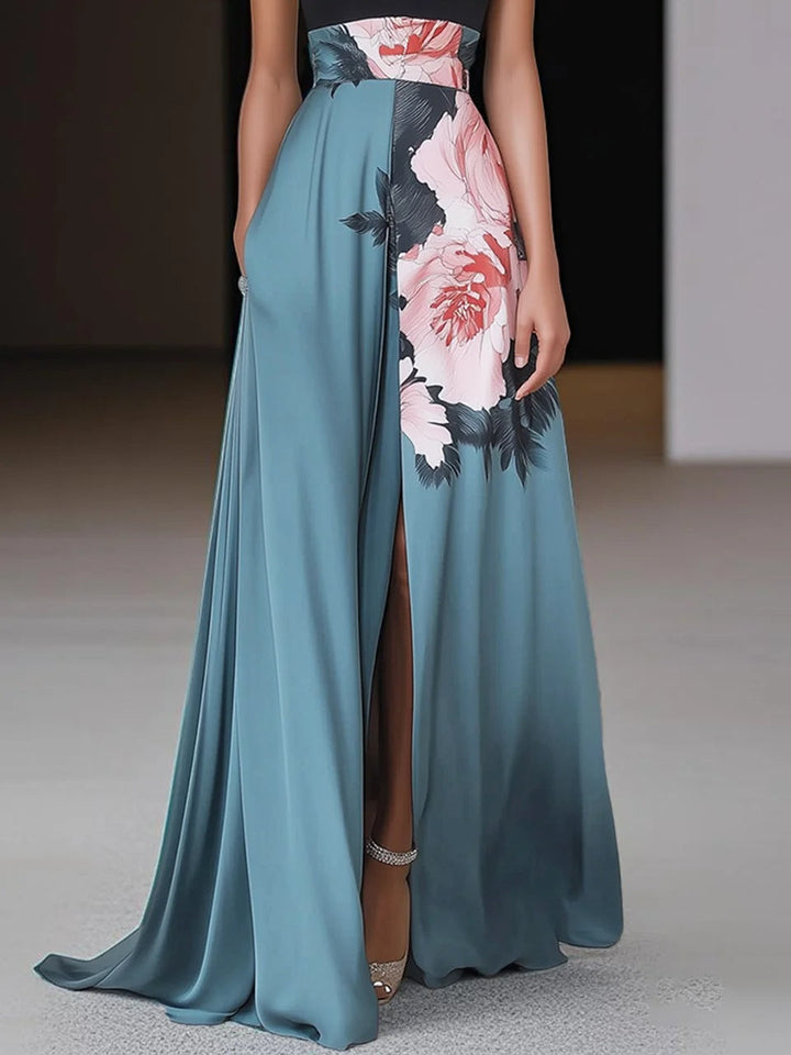 Duttini | Flowing Black Slit Floral Classic Crew Neck Sleeveless A-Line Maxi Dress