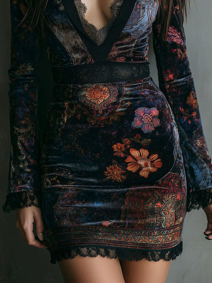 Duttini | Velvet Floral Mini Dress for Women