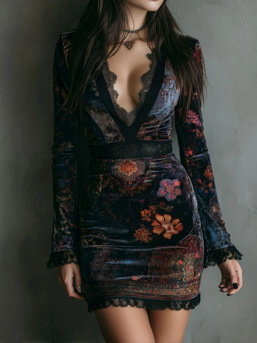 Duttini | Velvet Floral Mini Dress for Women