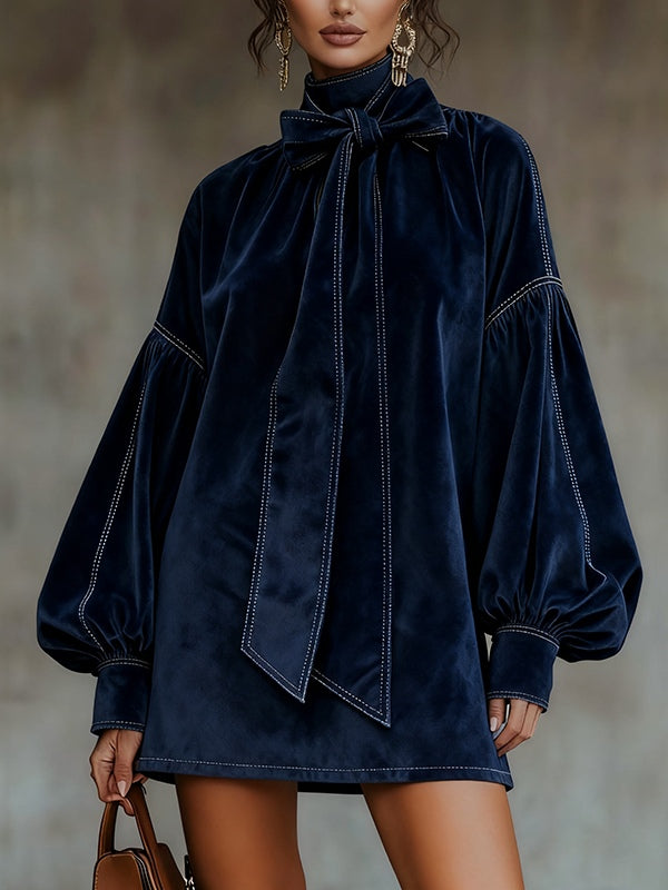 Duttini | Velvet Mini Dress for Women in Black with Bow