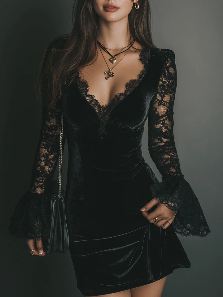 Duttini | Velvet Lace Mini Dress for Women