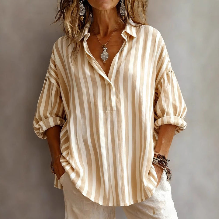 Duttini | Timeless Relaxed Striped V-Neck Shirt Blouse With Rolled 3/4 Sleeves