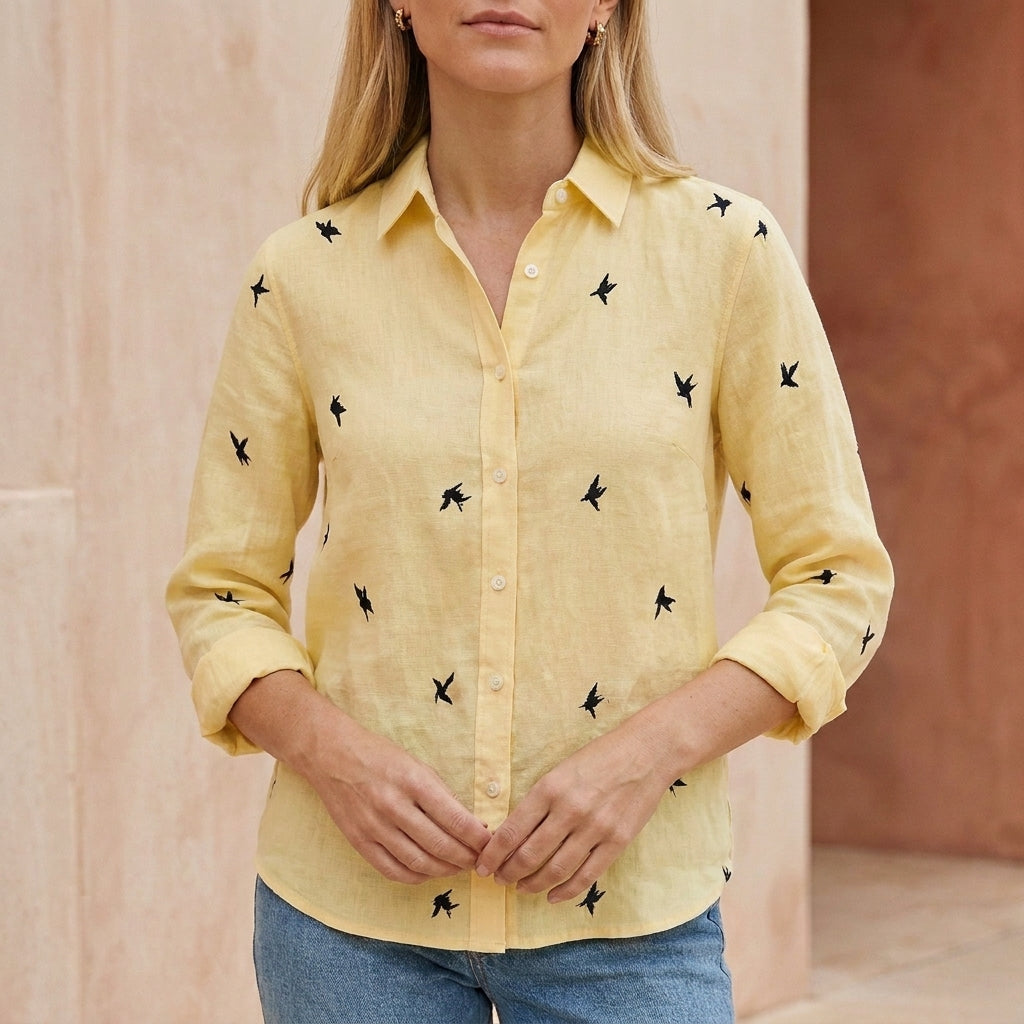 Duttini | Romantic Relaxed Collared Button-Down Blouse With Whimsical Print And Soft Woven Texture