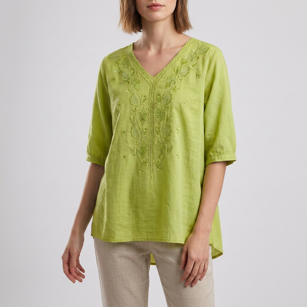 Duttini | Refined Relaxed V-Neck Blouse With Embroidered Floral Accents And High-Low Hem