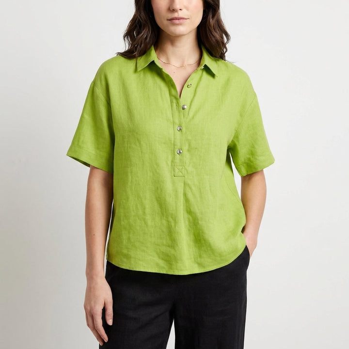 Duttini | Elegant Relaxed Button Front Collared Short Sleeve Blouse