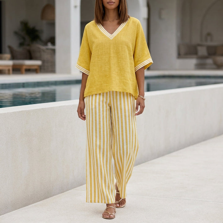 Duttini | Sculpted Relaxed V-Neck Two-Piece Set With Wide-Leg Striped Trousers