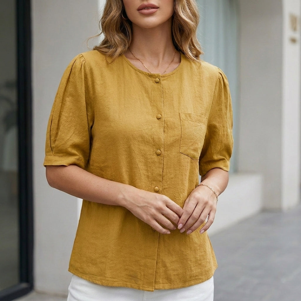 Duttini | Sophisticated Relaxed Button-Up Blouse With Soft Short Sleeves And Front Pocket