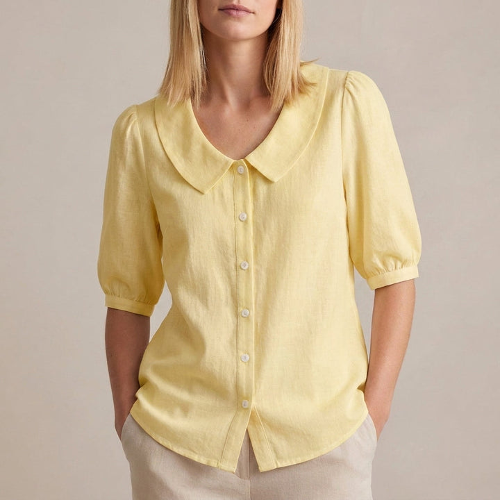Duttini | Feminine Relaxed Woven Button-Down Blouse With Peter Pan Collar And Puff Sleeves
