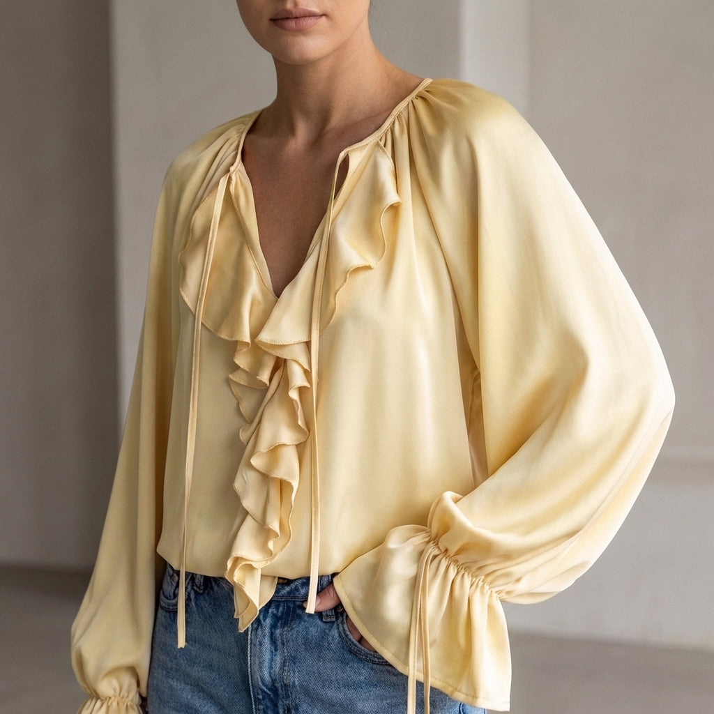 Duttini | Modern Relaxed Ruffled Horn Sleeve Blouse With Lace-Up V-Neck Detail