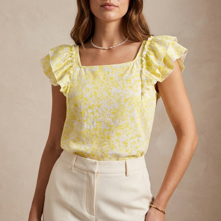 Duttini | Flowing Relaxed Floral Print Ruffle Blouse With Square Neck And Back Bow Closure