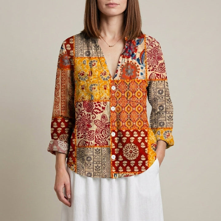 Duttini | Sophisticated Botanical Print Relaxed Blouse With Embroidered V-Neck Detail