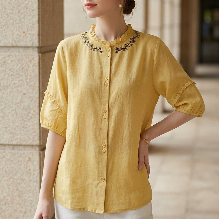 Duttini | Timeless Relaxed Embroidered Button-Up Blouse With Ruffle Trim