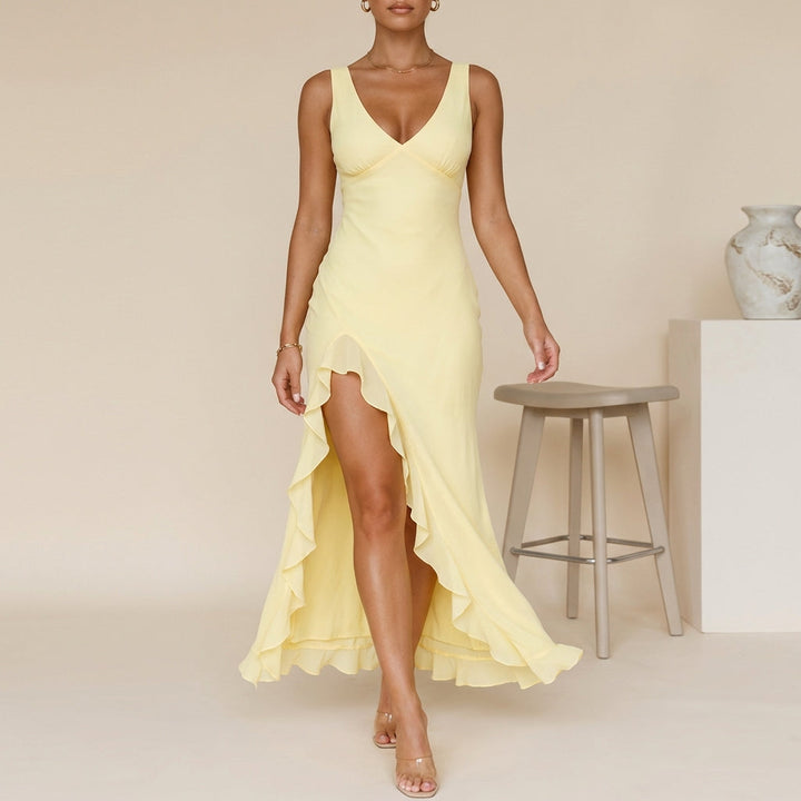 Duttini | Flowing Chiffon Maxi Dress With Ruched Bodice And Ruffled Slit