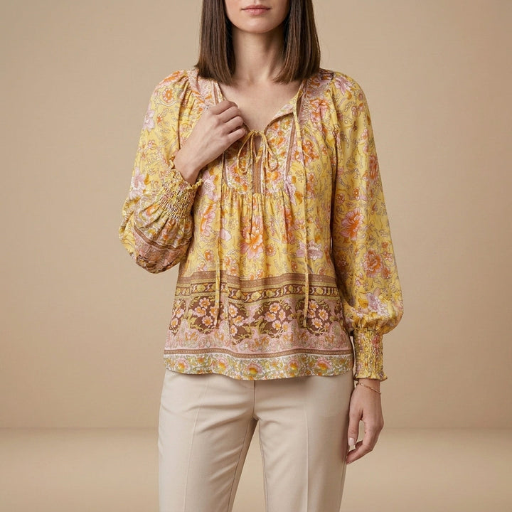 Duttini | Flowing Bohemian Floral Patchwork Peasant Blouse With Tassel Tie Neck