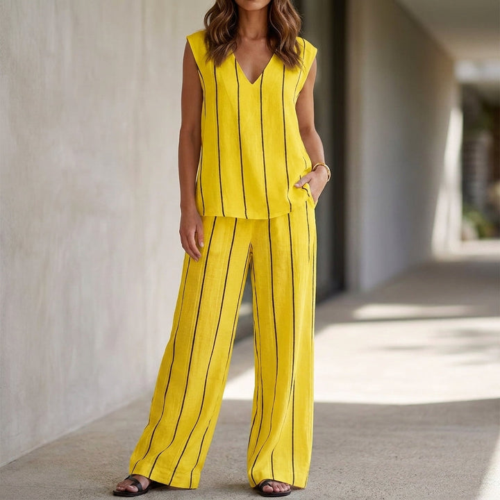 Duttini | Sophisticated Minimalist Striped Sleeveless Top And Wide-Leg Pant Set