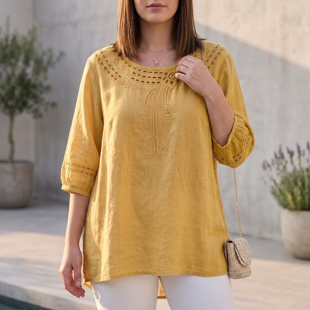 Duttini | Sculpted Bohemian-Inspired Relaxed Blouse With Eyelet Embroidery And 3/4 Sleeves
