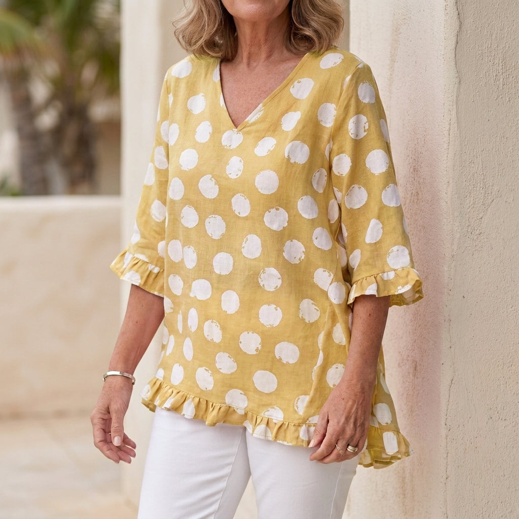 Duttini | Elegant Relaxed V-Neck Tunic With Ruffle Trim And Flowing Silhouette