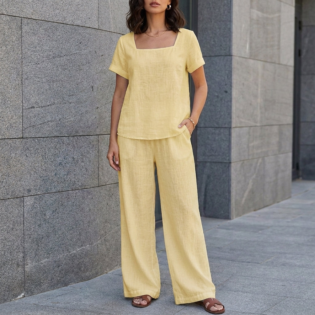 Duttini | Graceful Coastal Breeze Relaxed Top And Wide-Leg Pant Set
