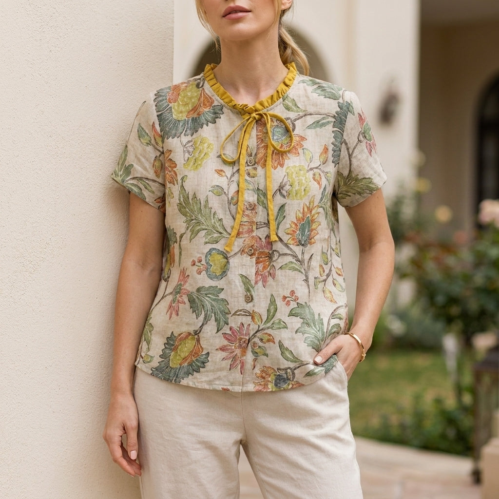 Duttini | Graceful Floral Tie Neck Blouse With Soft Ruffle Collar Detail