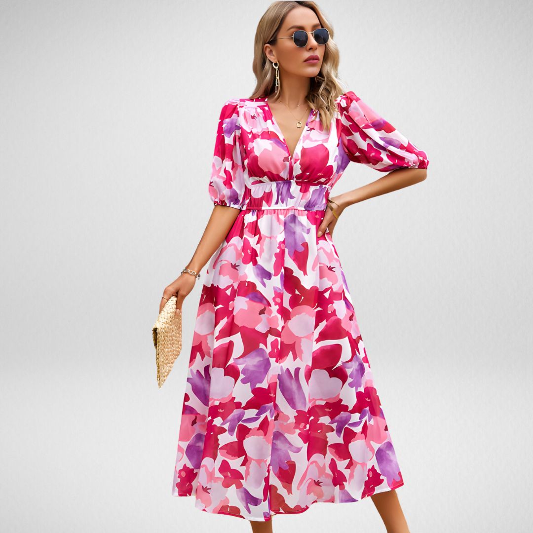 Duttini | Sophisticated V Neck Flowy Elegant Dress