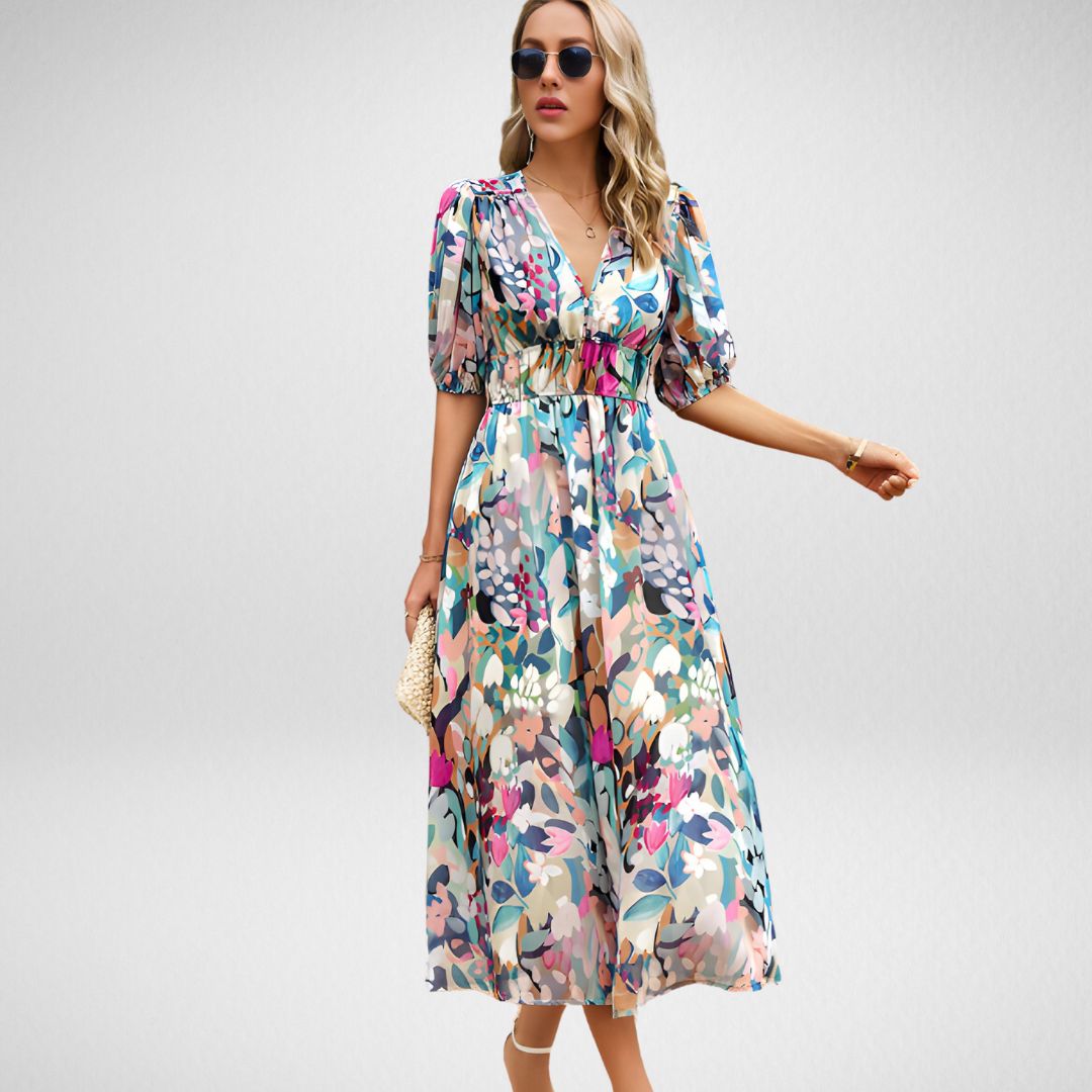 Duttini | Sophisticated V Neck Flowy Elegant Dress