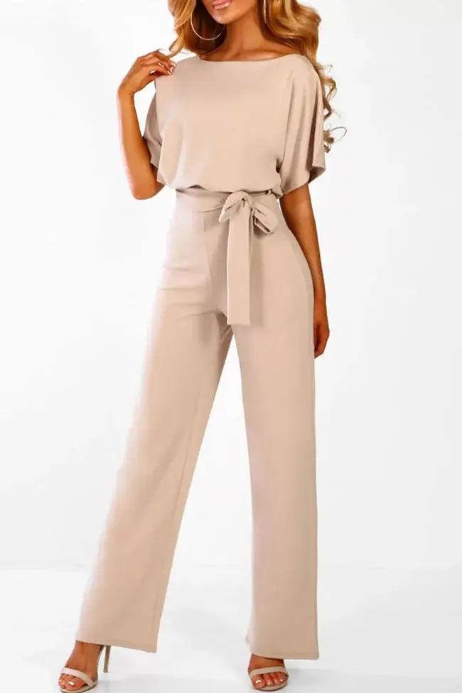 Duttini | Wide-Leg Belted Short Sleeve Jumpsuit
