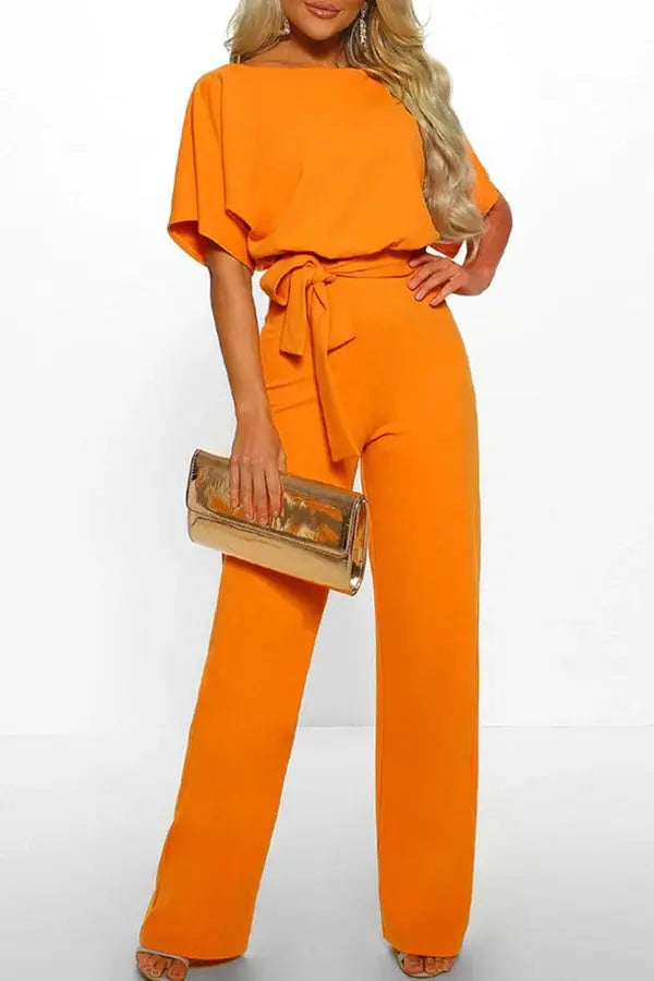 Duttini | Wide-Leg Belted Short Sleeve Jumpsuit