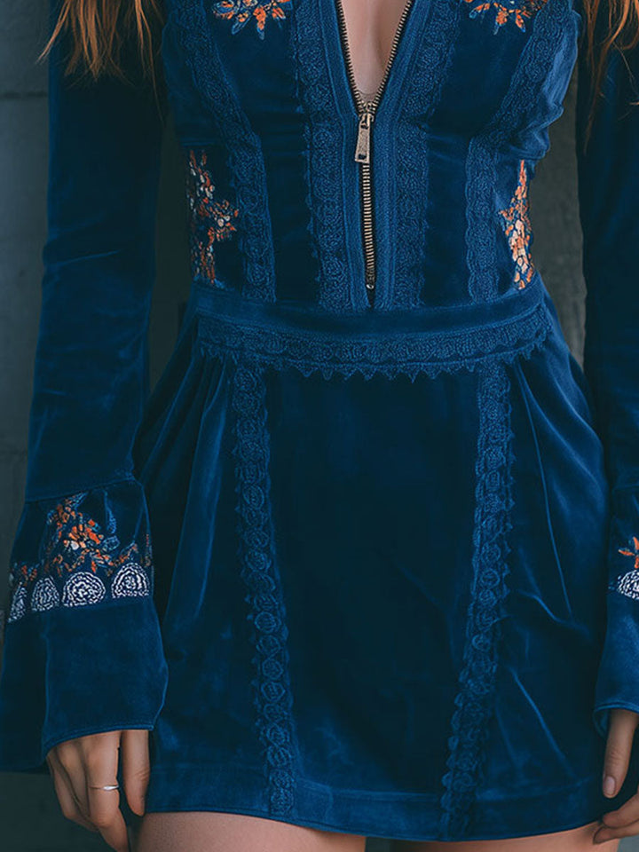 Duttini | Blue Velvet Embroidered Casual Dress