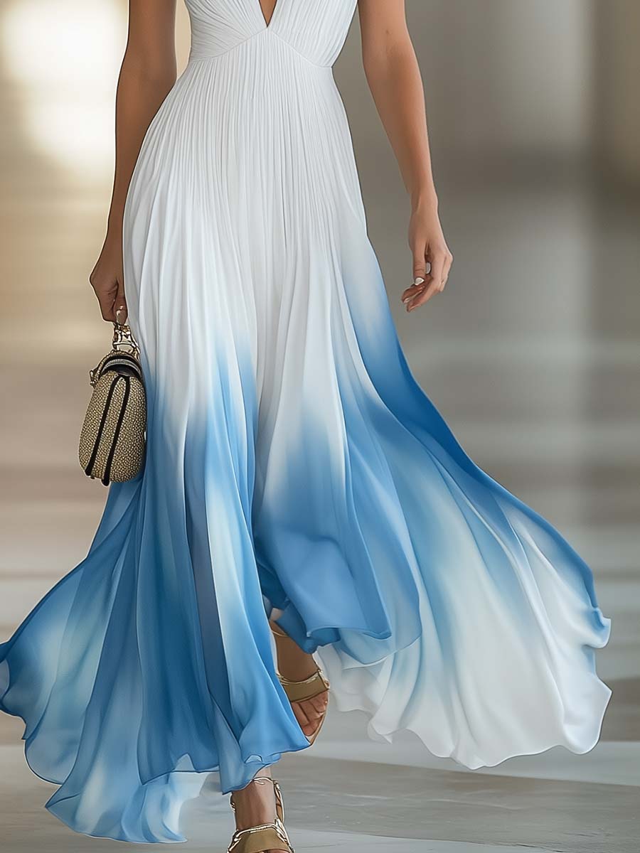 Duttini | White Chiffon V-Neck Evening Dress