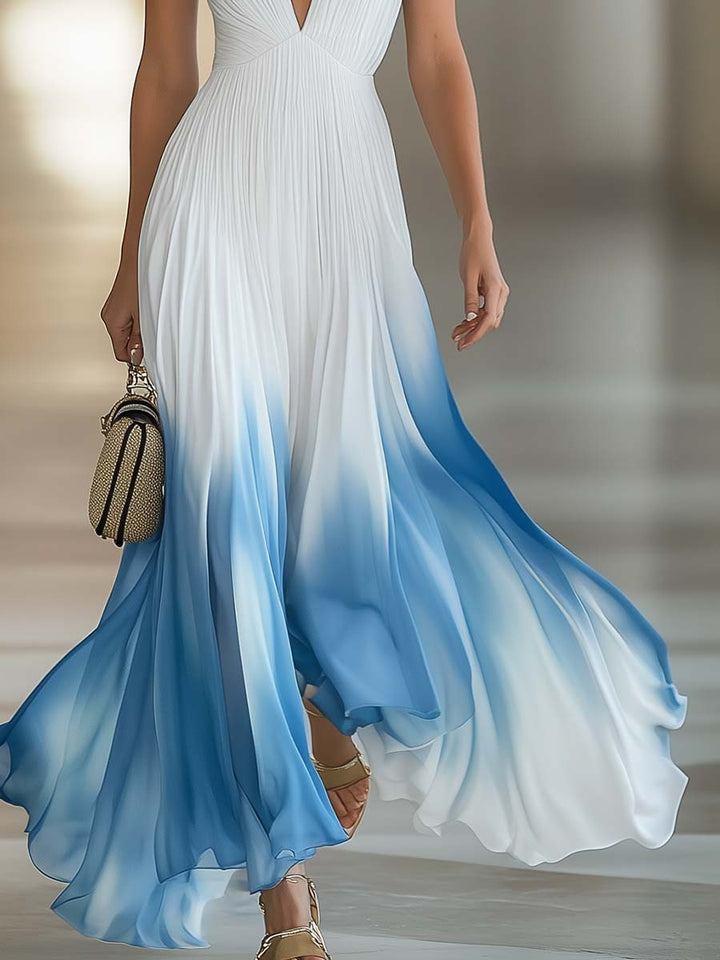 Duttini | White Chiffon V-Neck Evening Dress