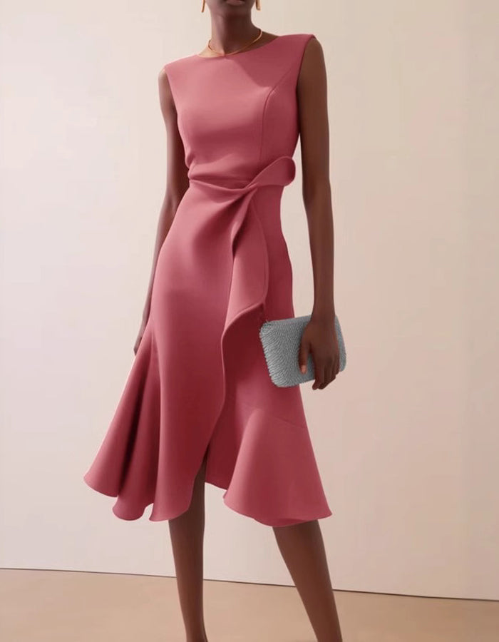 Duttini | Pink Round Neck Ruffle Bow Dress