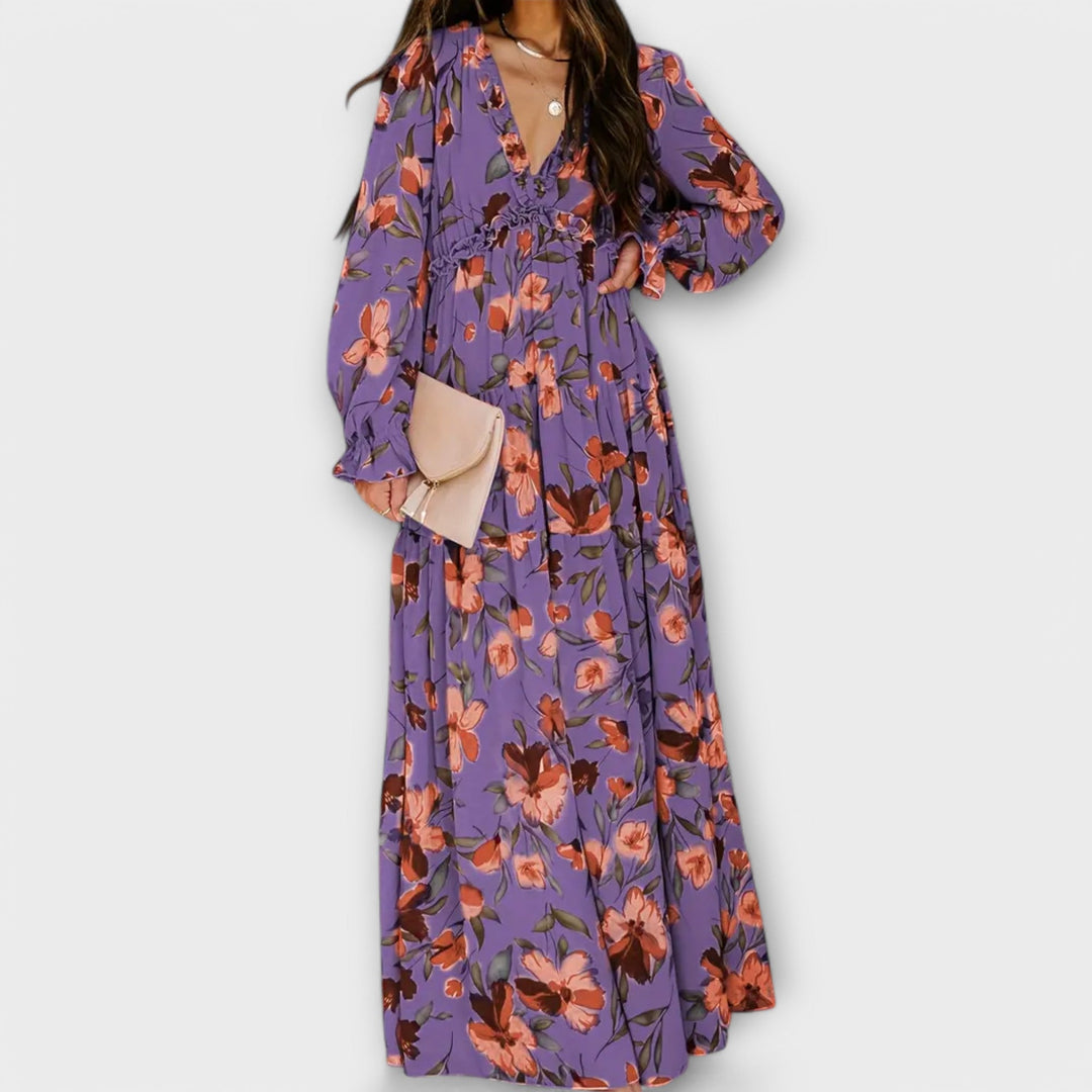 Duttini | Sculpted Floral V-Neck Maxi Dress in a Flattering Cut